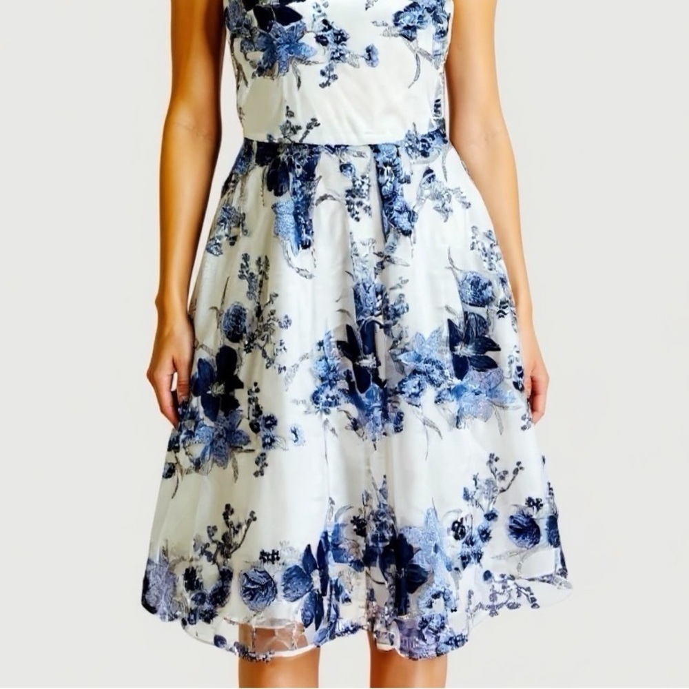 Tahari ASL‎ Embroidered Mesh Dress 8 Blue Silver Fairy Garden Prom Y2K Revival - Picture 3 of 12
